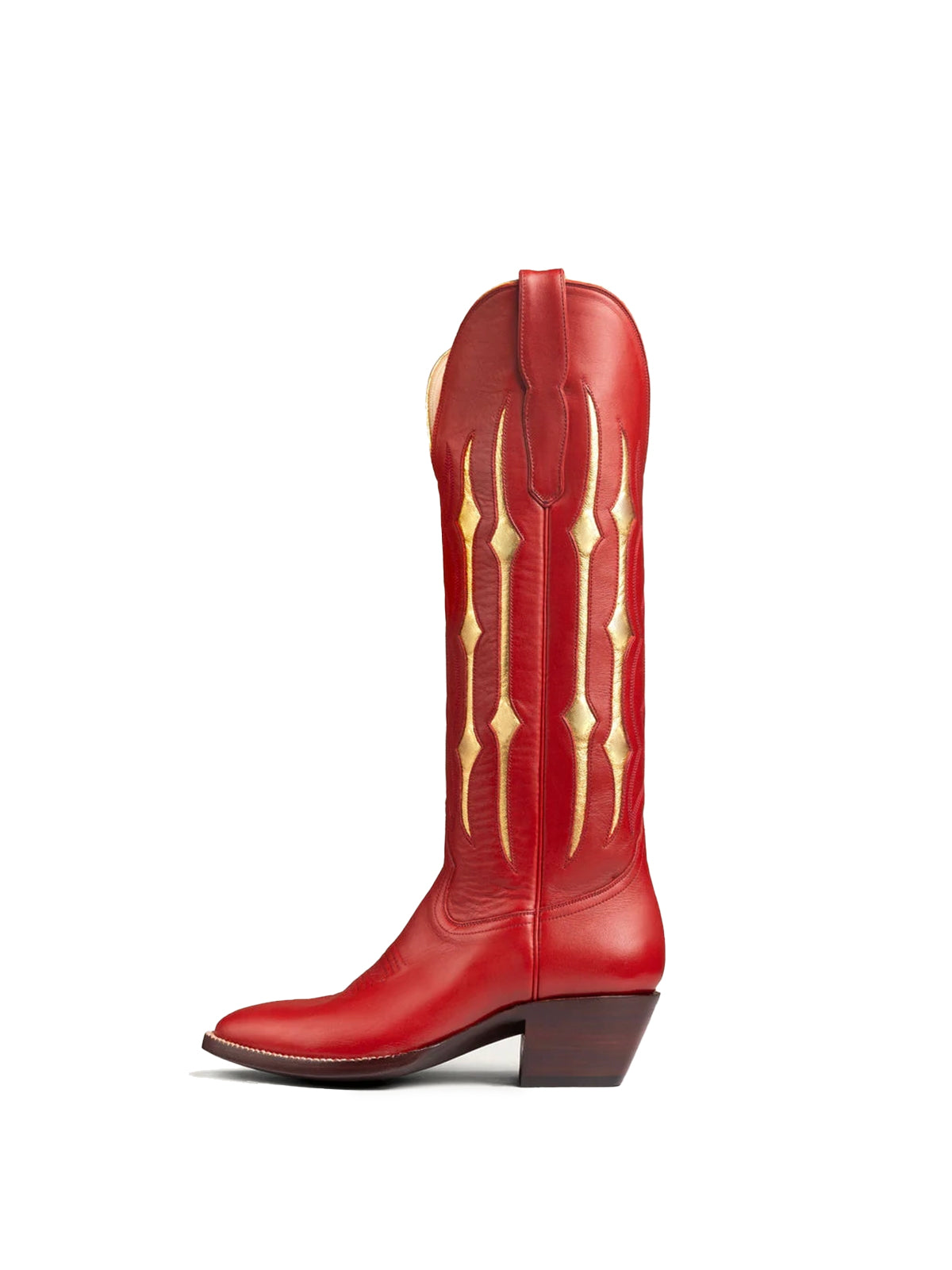 Red Contrast Metallic Gold Inlay Stitch Almond-Toe Wide Knee High Western Cowgirl Boots