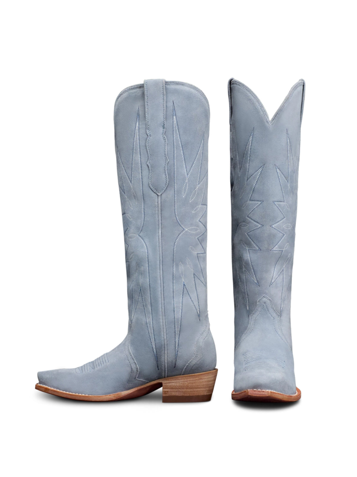 Blue Faux Suede Snip-Toe Stitch Wide Calf Knee High Cowgirl Boots