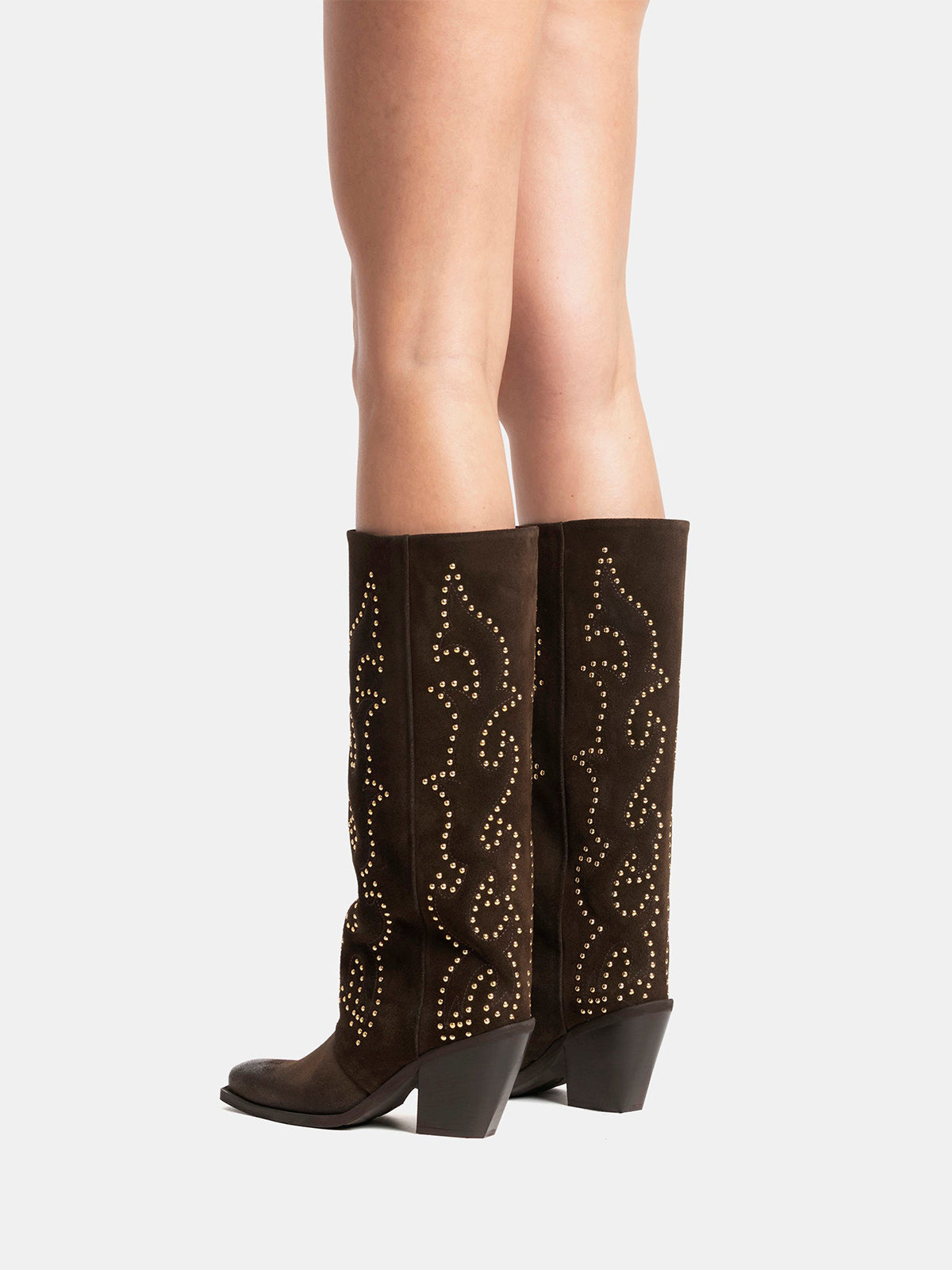 Brown Faux Suede Snip-Toe Embroidery Gold Studs Wide Calf Knee High Cowgirl Boots