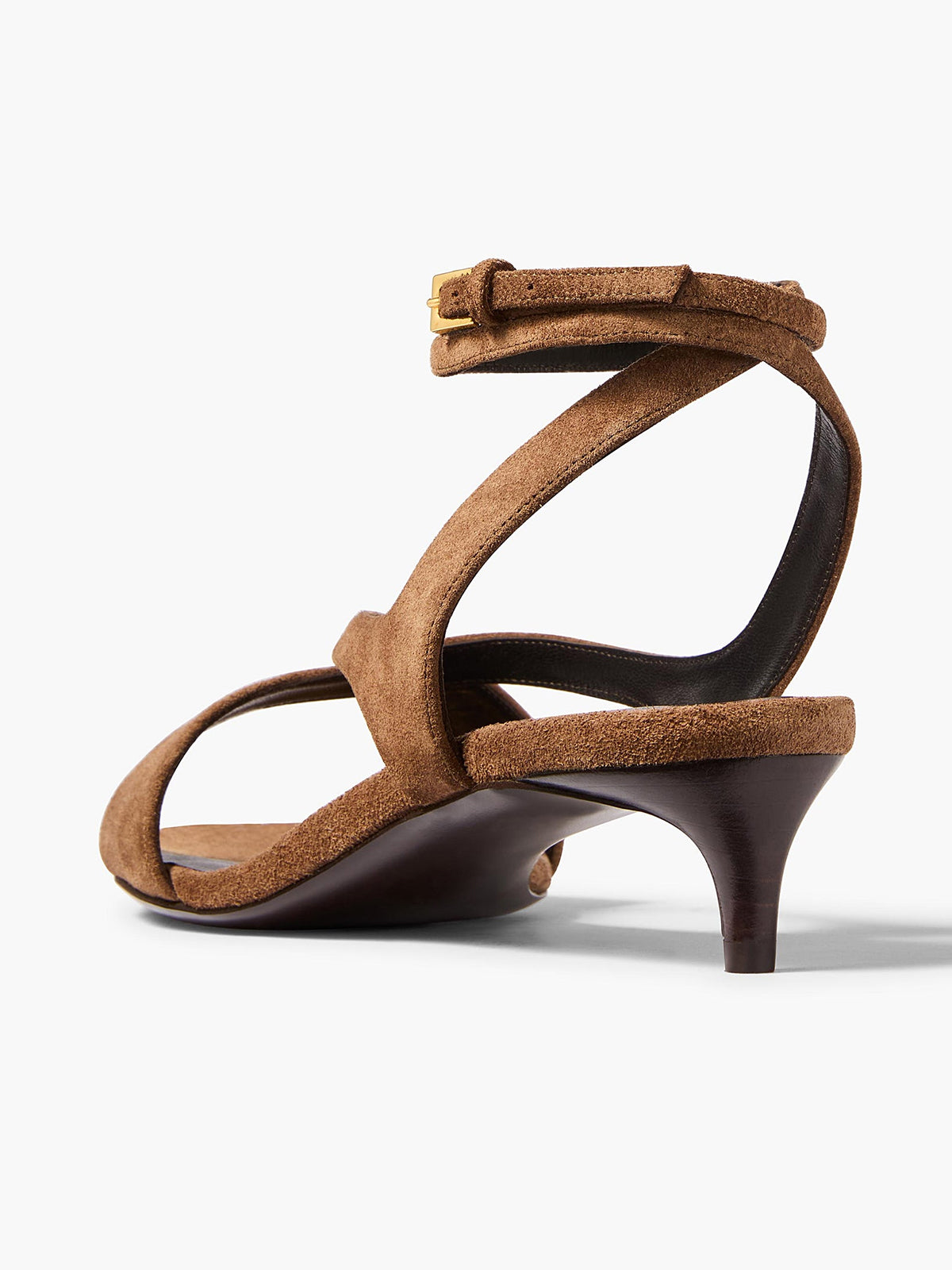 Brown Faux Suede Square-Toe Crossed Straps Back And Ankle Strap Kitten Heels