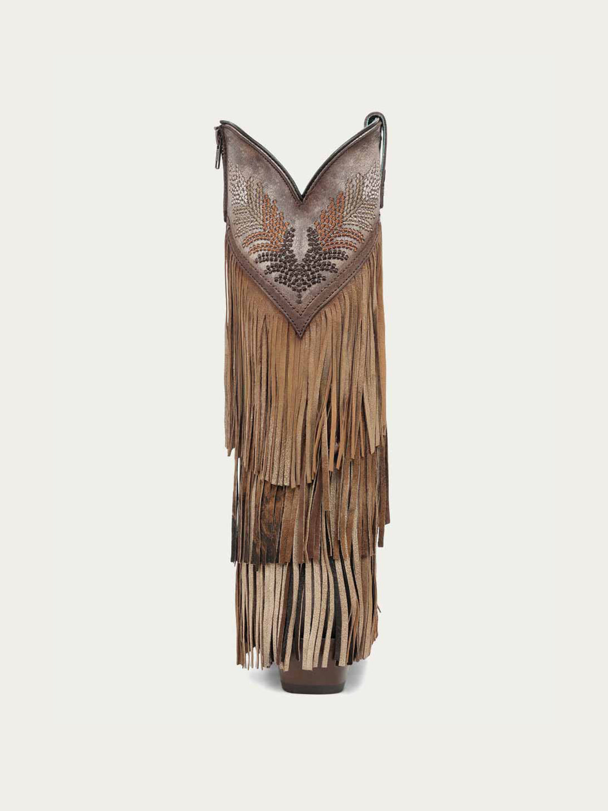 Brown Faux Suede Snip-Toe Chic Fringe And Embroidery Full-Zip Knee High Cowgirl Boots