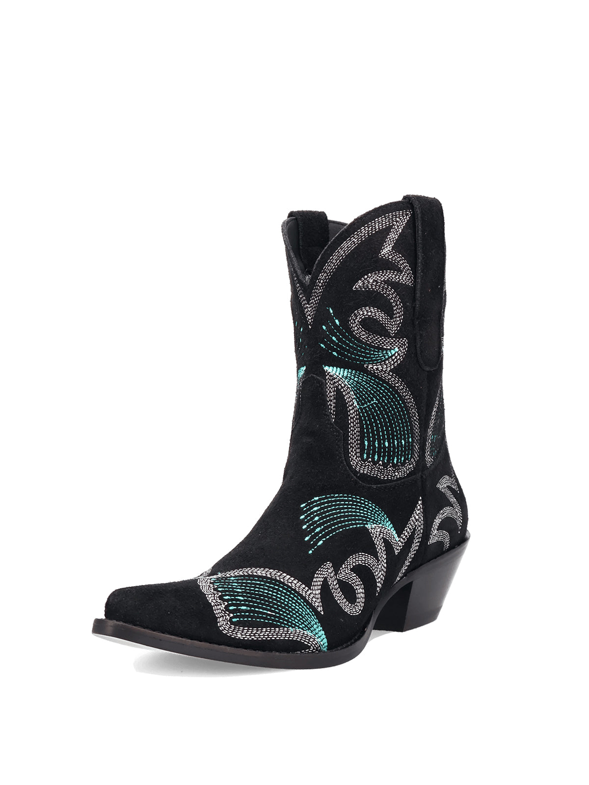 Black Faux Suede Snip-Toe Delicate Embroidery Ankle Cowgirl Boots