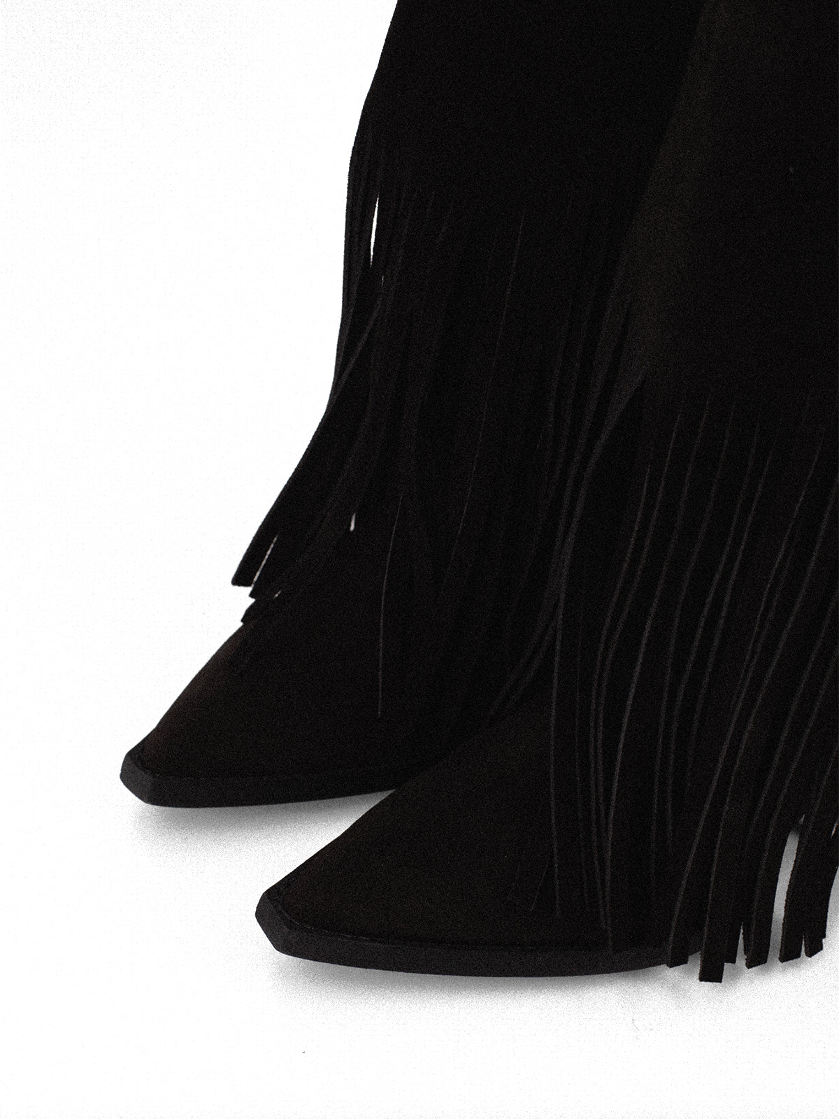 Black Faux Suede Pointed-Toe Fringe Mid Calf Cowgirl Boots