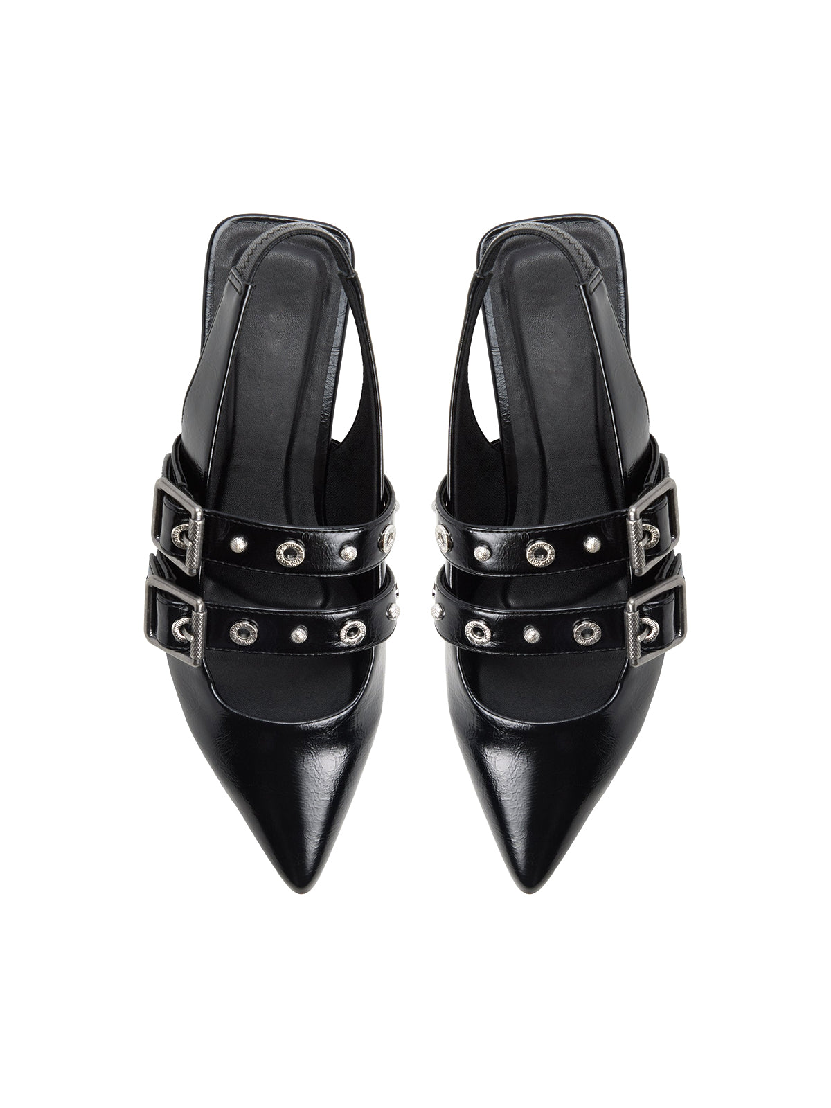 Black Pointed-Toe Double Bridge Straps Slingback Flats