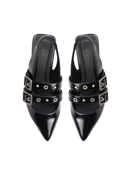 Black Pointed-Toe Double Bridge Straps Slingback Flats