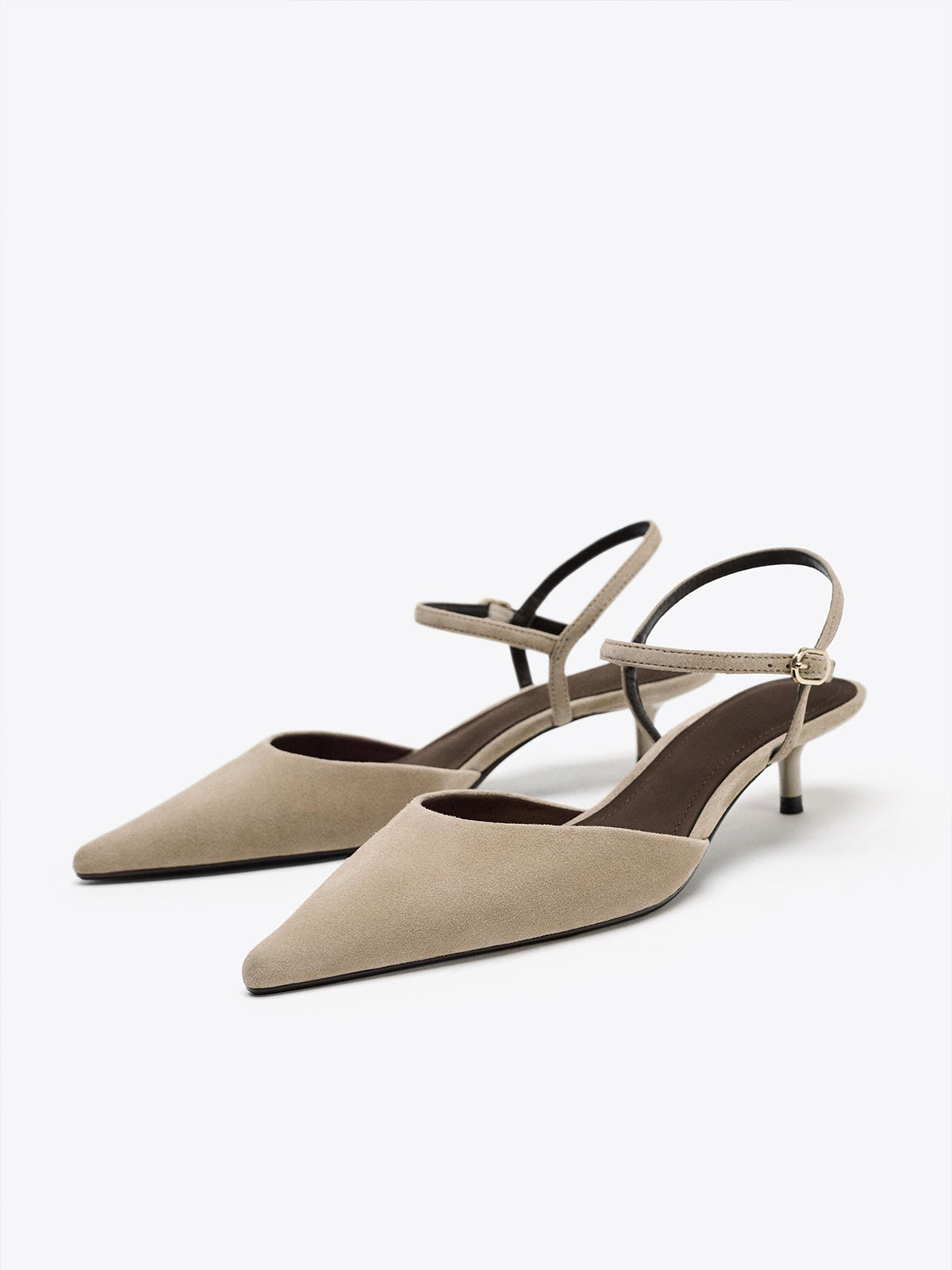 Sandy Brown Faux Suede Pointed-Toe Slingback Kitten Heels