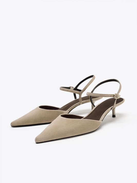 Sandy Brown Faux Suede Pointed-Toe Slingback Kitten Heels