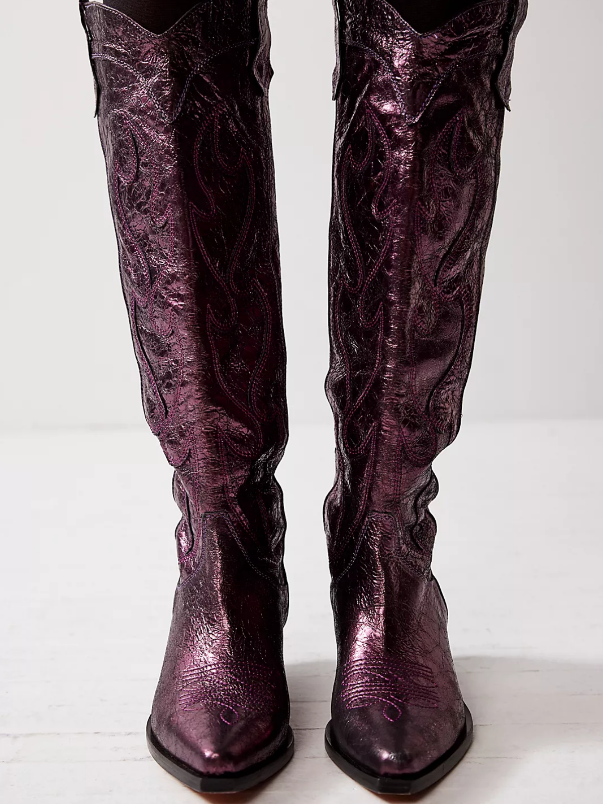 Metallic Purple Crinkle Stitch Inlay Pointy Western Wide Calf Cowgirl Tall Boots