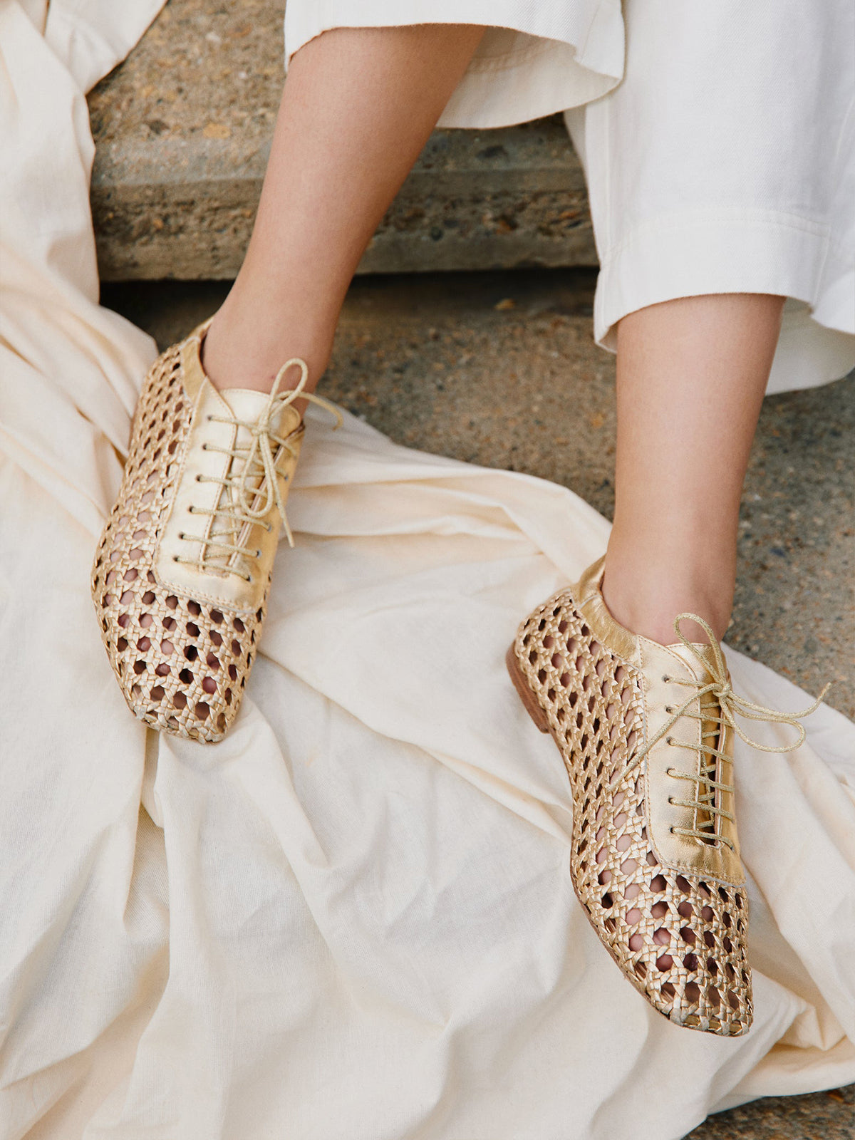 Metallic Gold Woven Vegan Leather Square-Toe Chic Lace-Up Flats