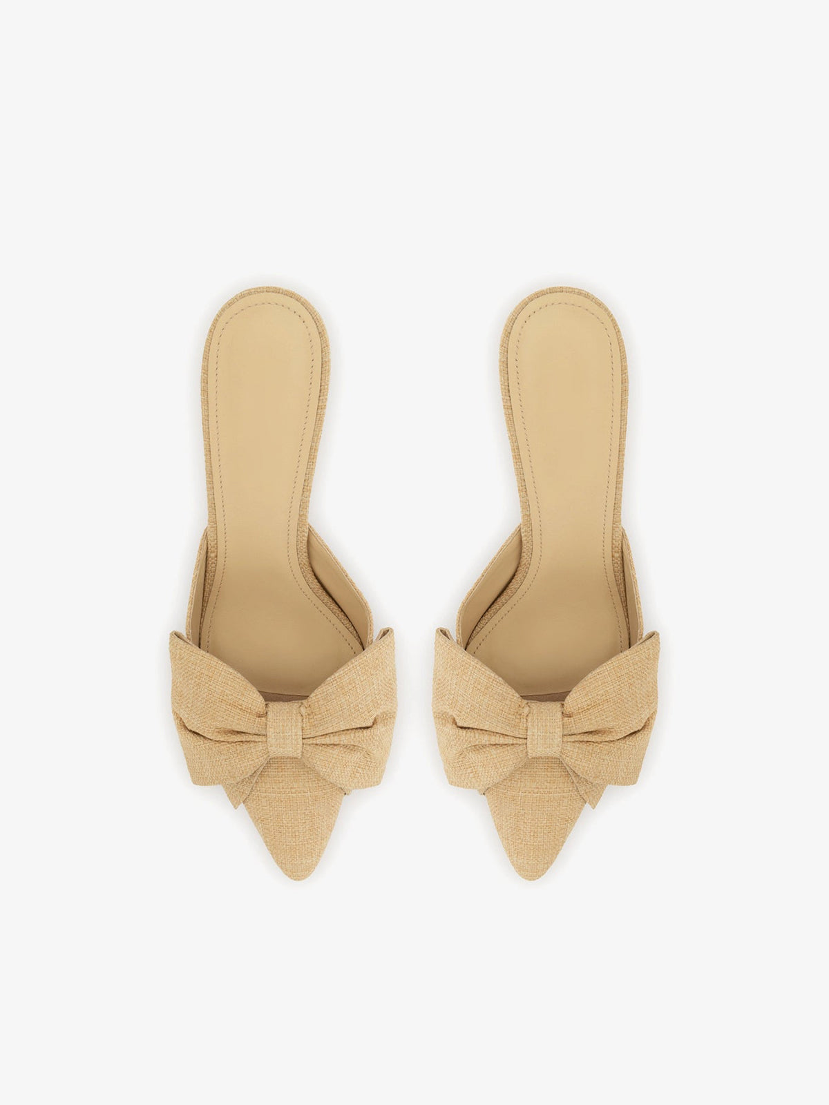 Beige Woven Pointed-Toe Big Front Bow High Heels