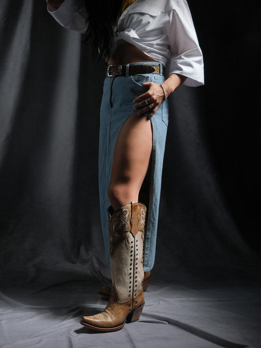 Distressed Honey And Bone Snip-Toe Applique And Side Studs Wide Calf Knee High Cowgirl Boots