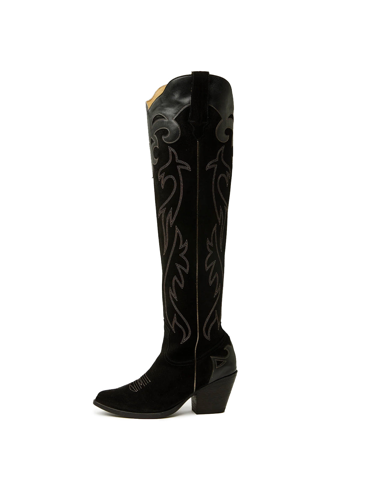 Black Faux Suede Almond-Toe Embroidery Applique Half-Zip Knee High Cowgirl Boots