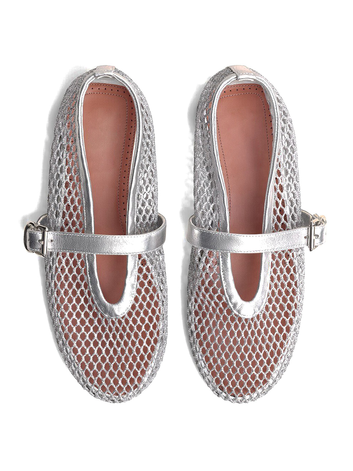 Metallic Silver Mesh And Vegan Leather Round-Toe Buckle Bridge Strap Flats