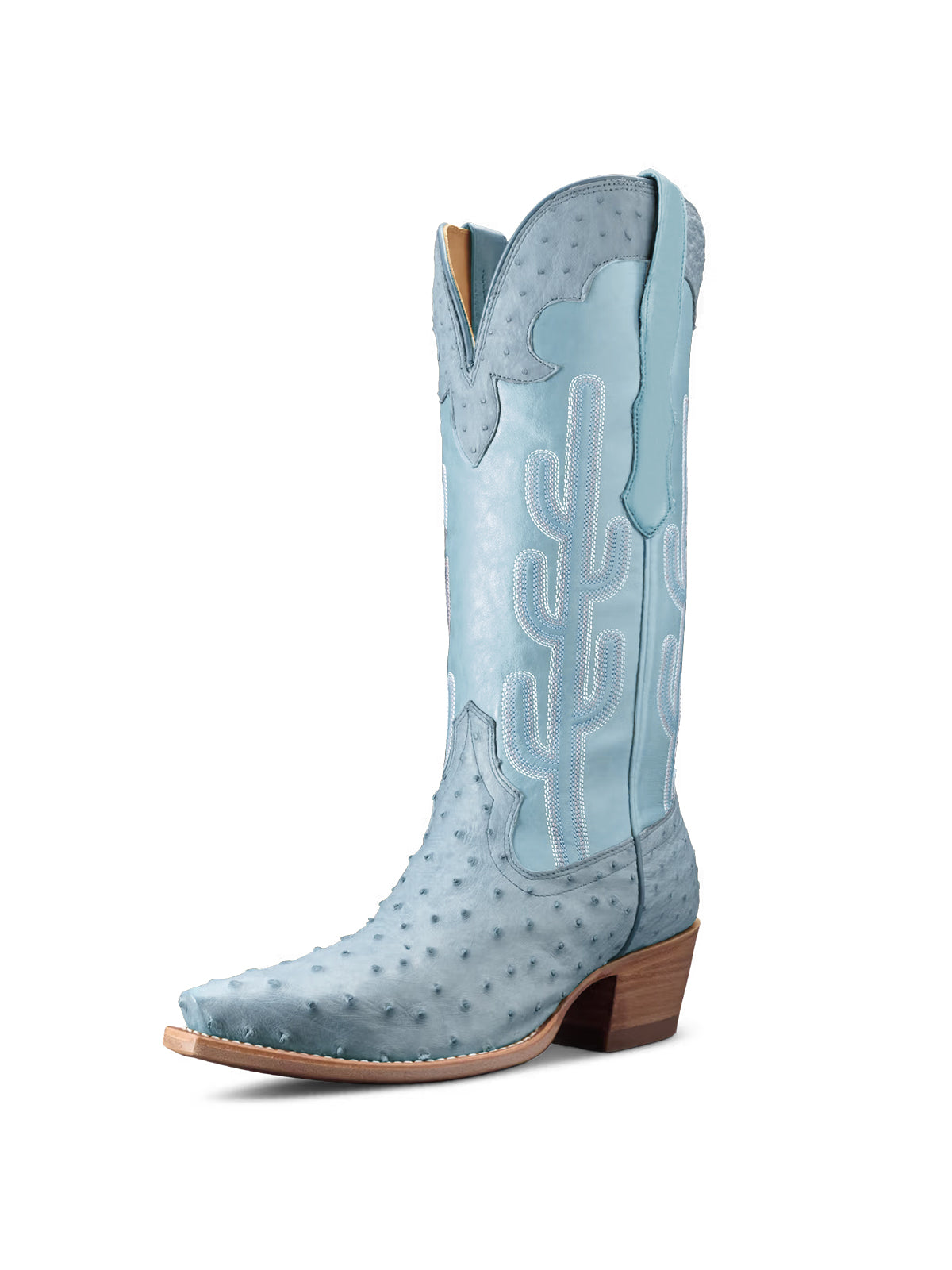 Contrast Blue And Ostrich Print Snip-Toe Cactus Embroidery Mid Calf Cowgirl Boots
