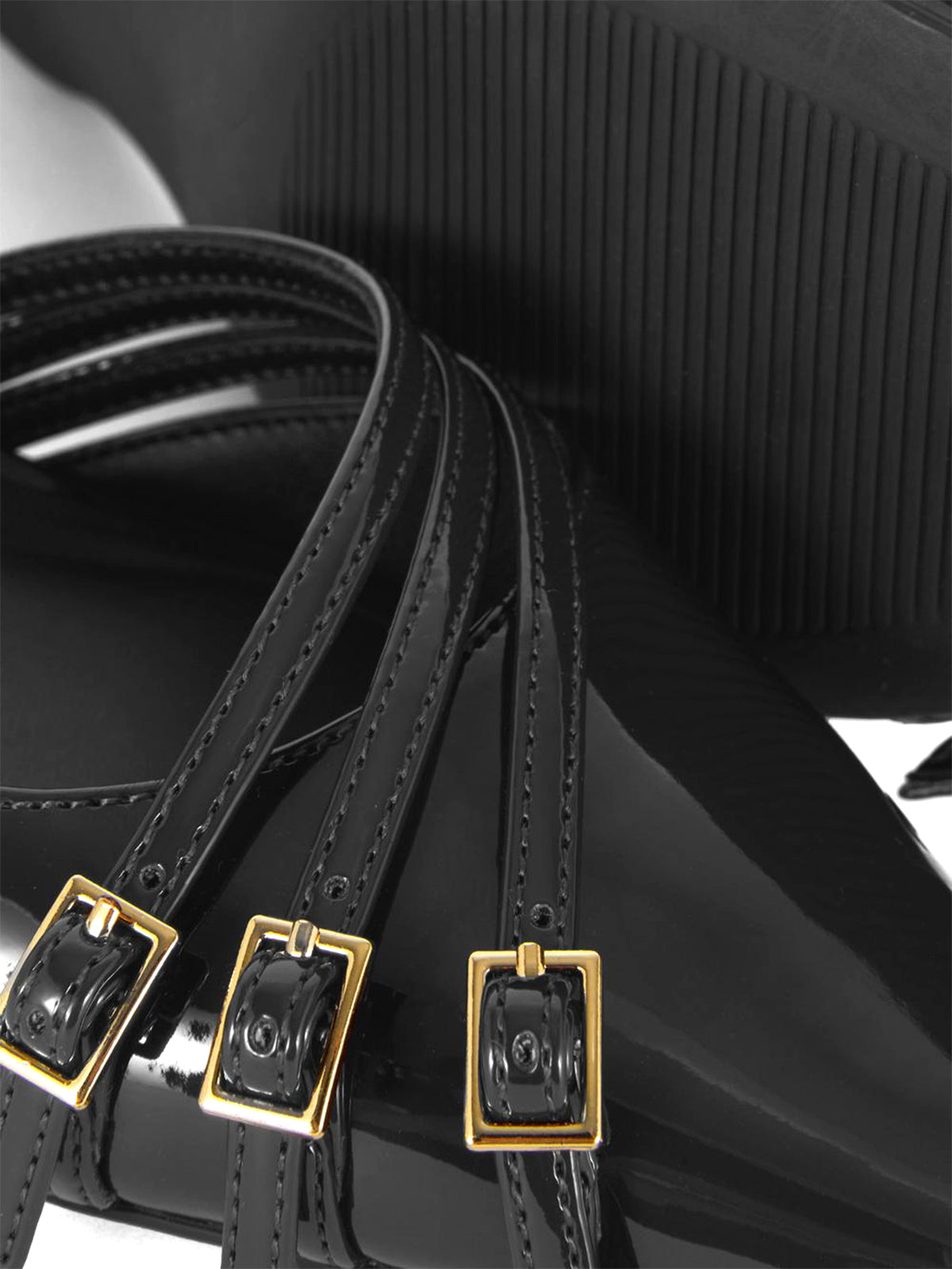 Patent Black Pointed-Toe Front Three Straps Slingback Kitten Heels