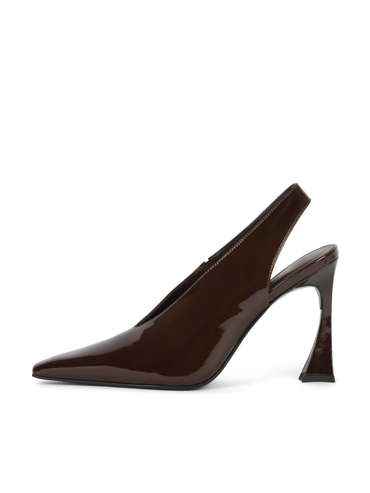 Coffee Patent Pointed-Toe Thick Slingback High Heels Pumps