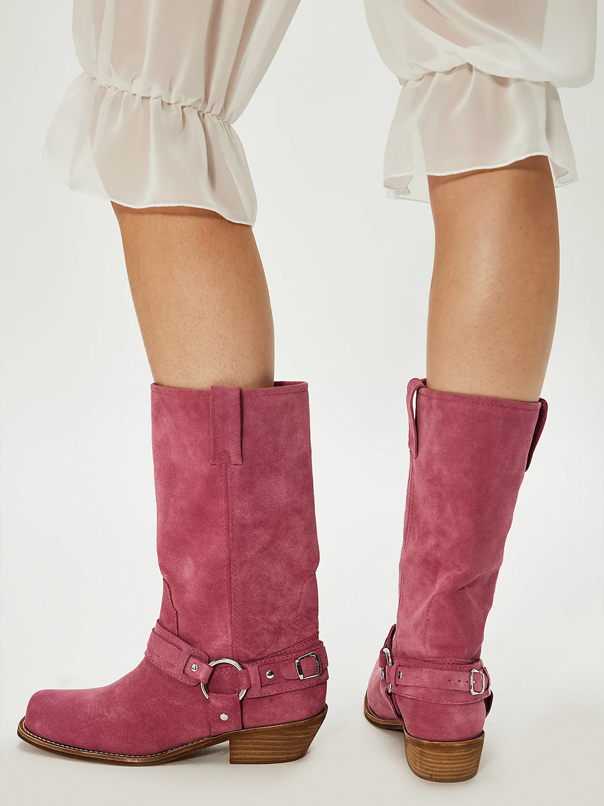Pink Faux Suede Square-Toe Ankle Buckle Straps Mid Calf Cowgirl Boots
