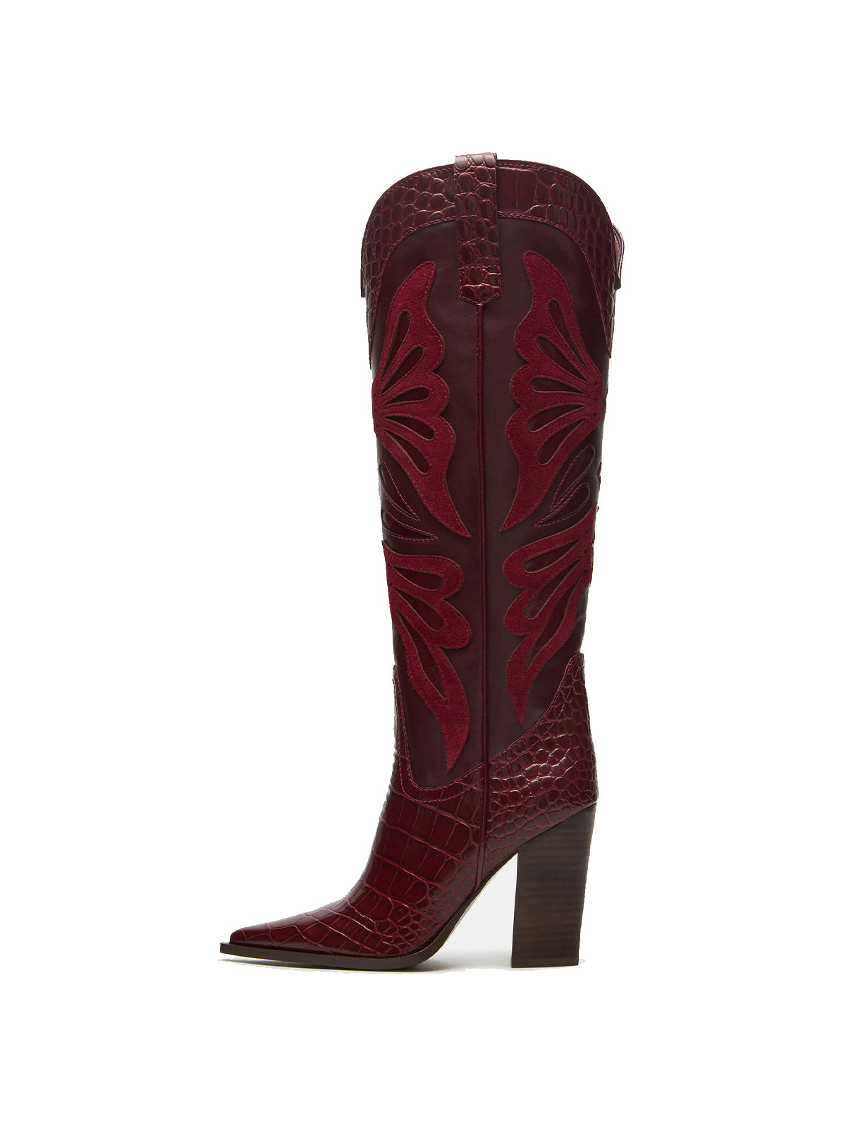 Burgundy Contrast Vegan Leather And Crocodile Print Pointed-Toe Wings Applique Knee High Cowgirl Boots