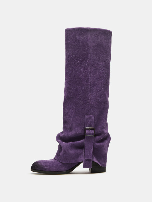 Lavender Faux Suede Round-Toe Fold-Over Adjustable Buckle Knee High Cowgirl Boots