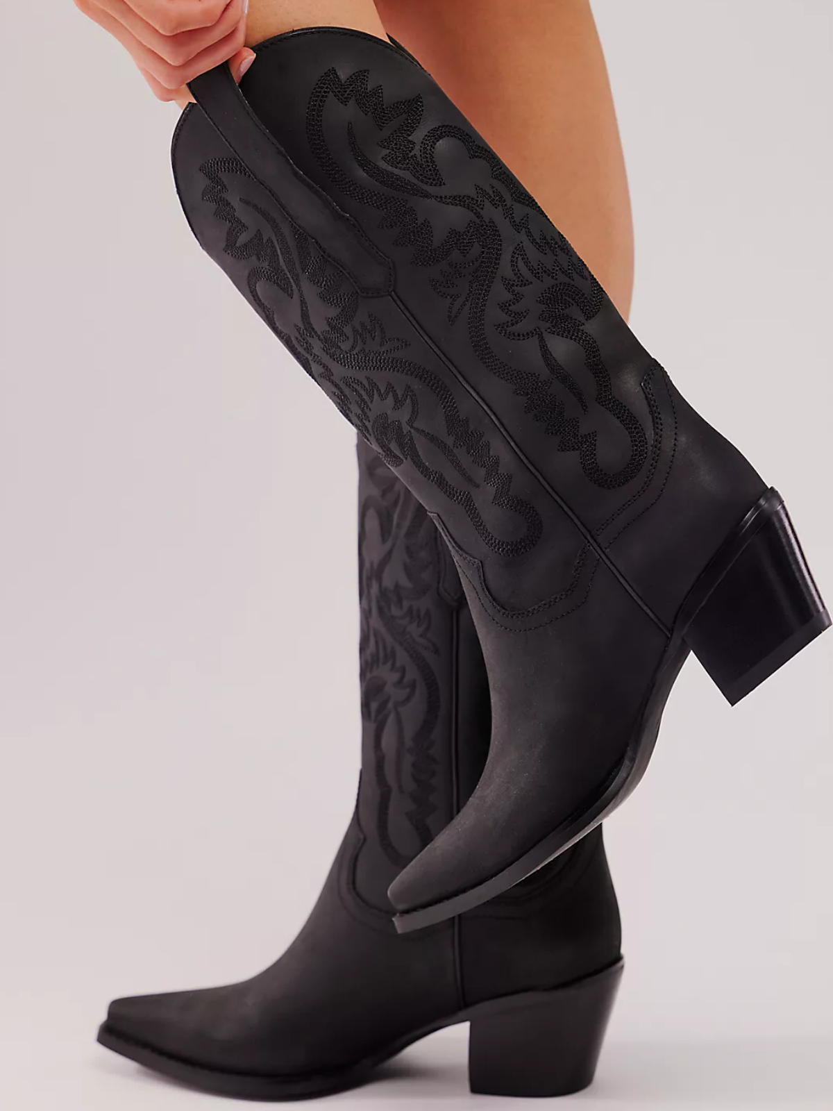 Black Snip-Toe Western Embroidery Wide Mid Calf Tall Cowgirl Boots