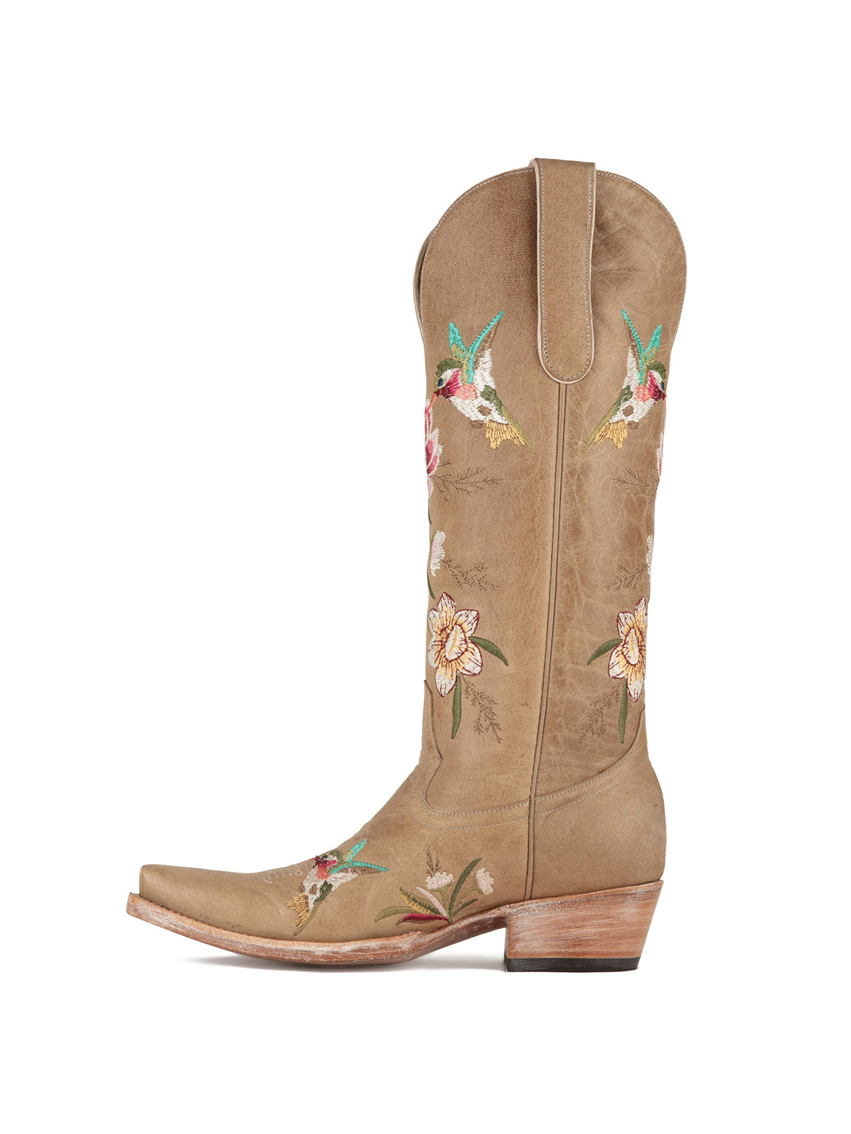 Taupe Snip-Toe Vivid Flowers And Bird Embroidery Wide Calf Knee High Cowgirl Boots