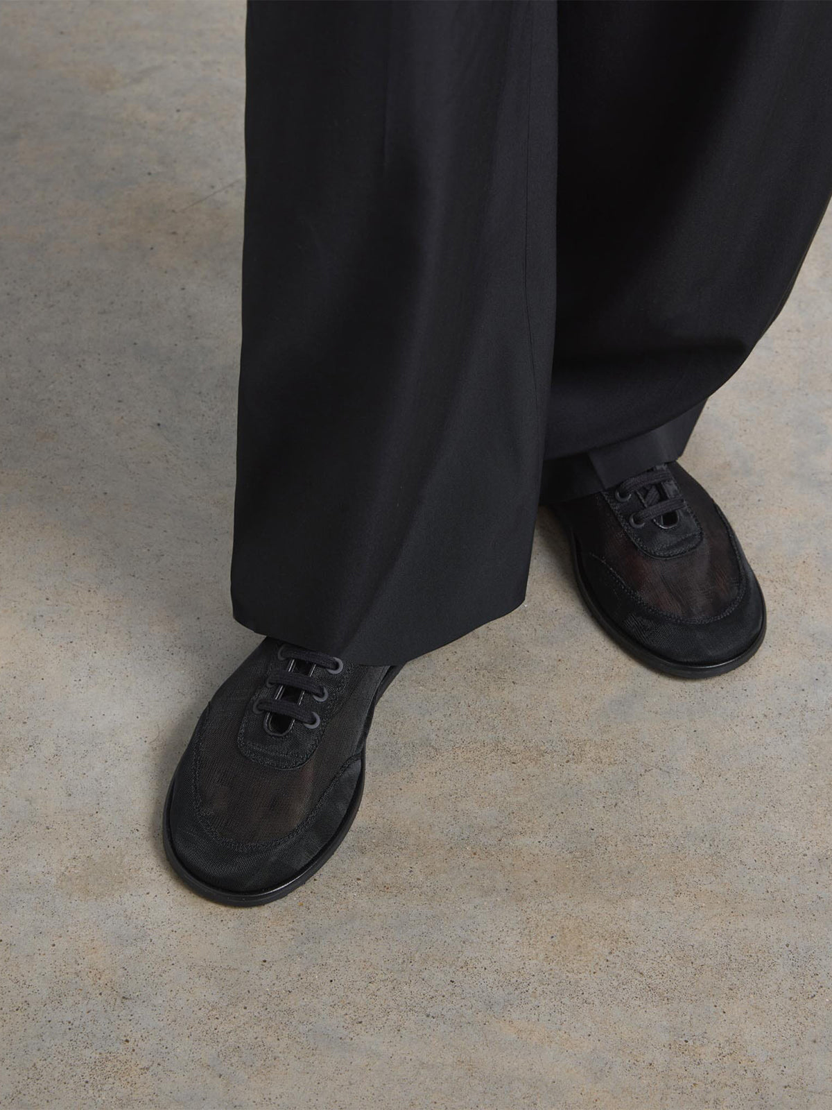 Black Mesh Round-Toe Flats With Laces