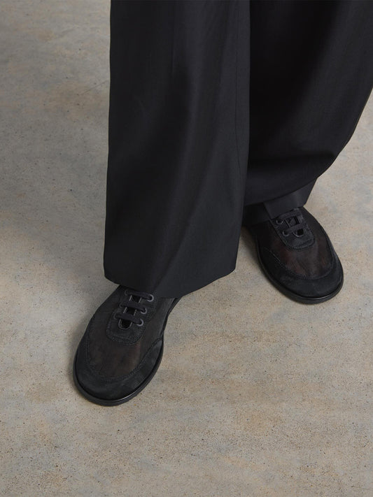 Black Mesh Round-Toe Flats With Laces