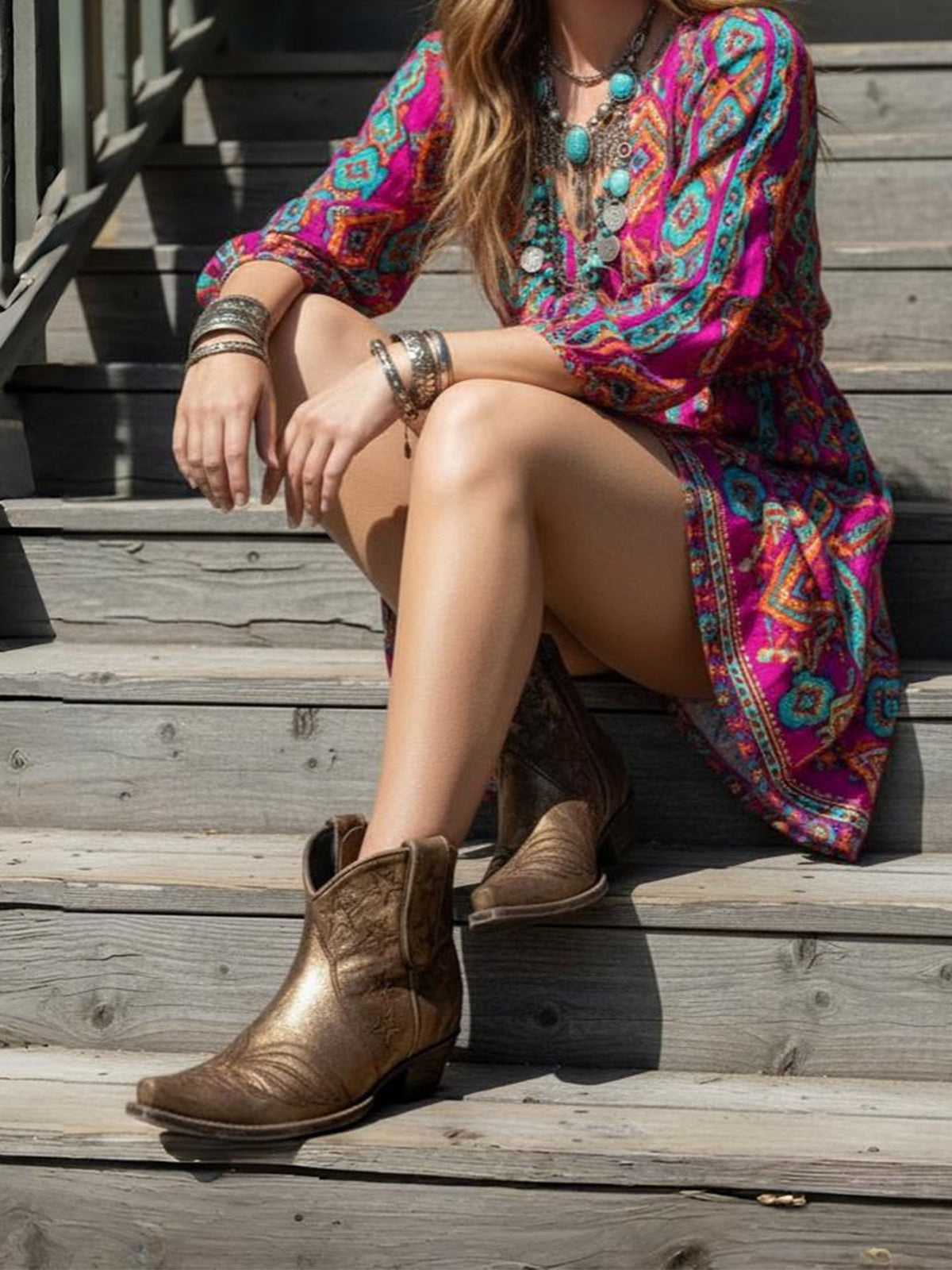 Metallic Bronze Snip-Toe Stars Inlay Full-Zip Ankle Cowgirl Boots