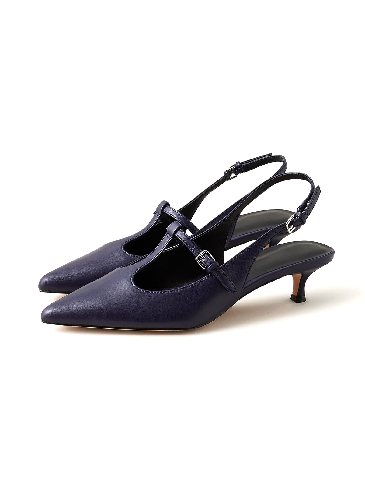 Dark Blue Pointed-Toe Mary Jane And Back Strap Kitten Heels