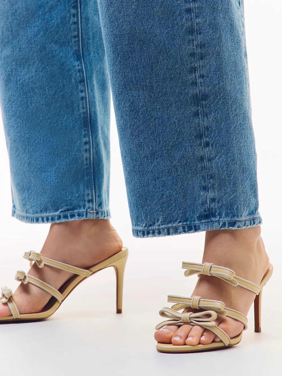 Nude Peep Round-Toe Triple-Bow Backless High Heels