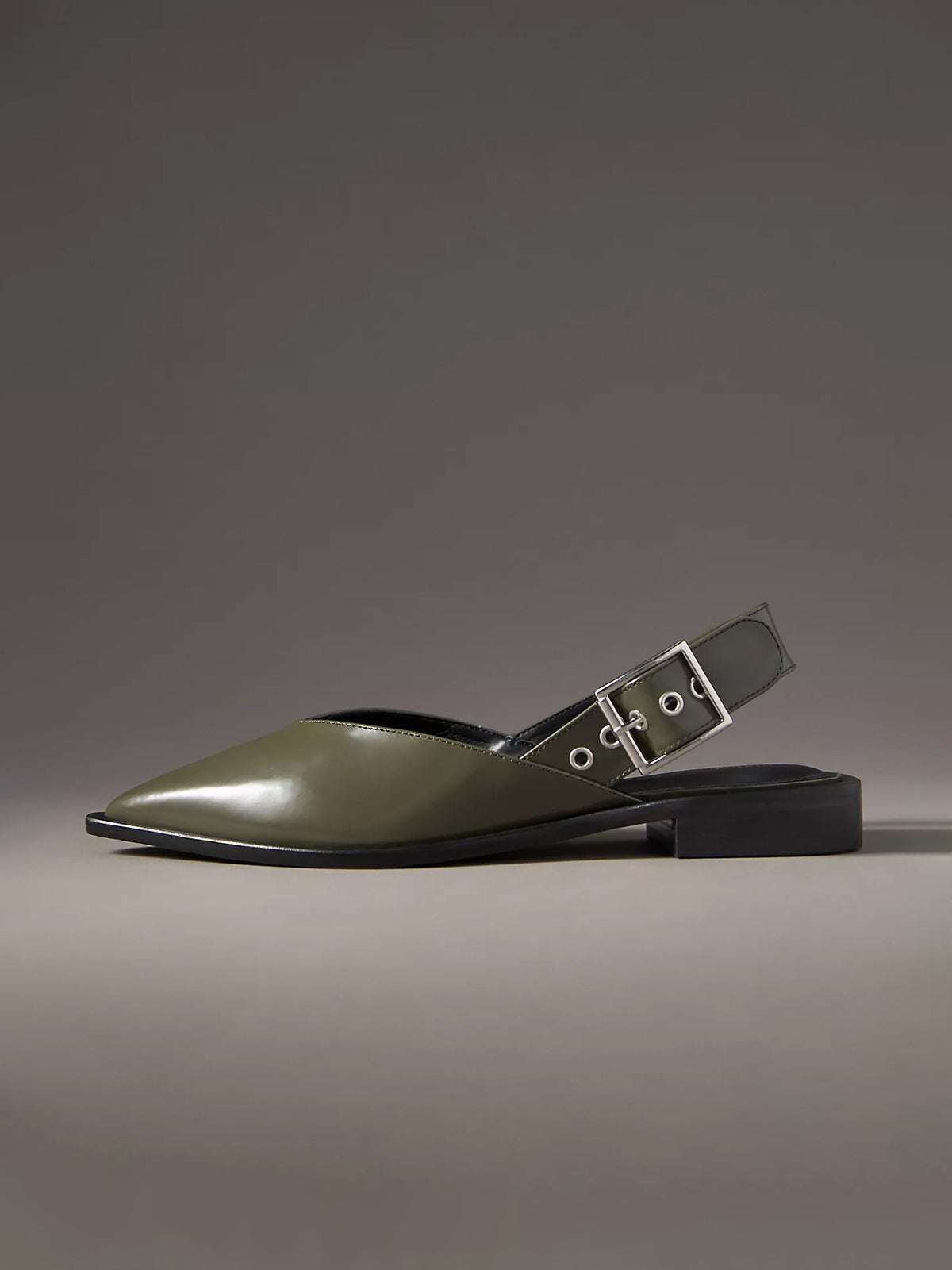 Olive Green Pointed-Toe Buckle Slingback Flats