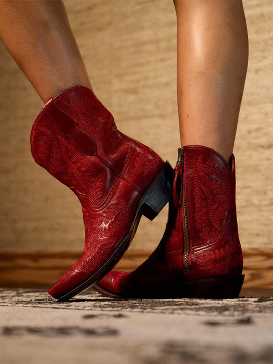 Full-Zip Snip-Toe Mid Calf Embroidery Cowgirl Boots - Red
