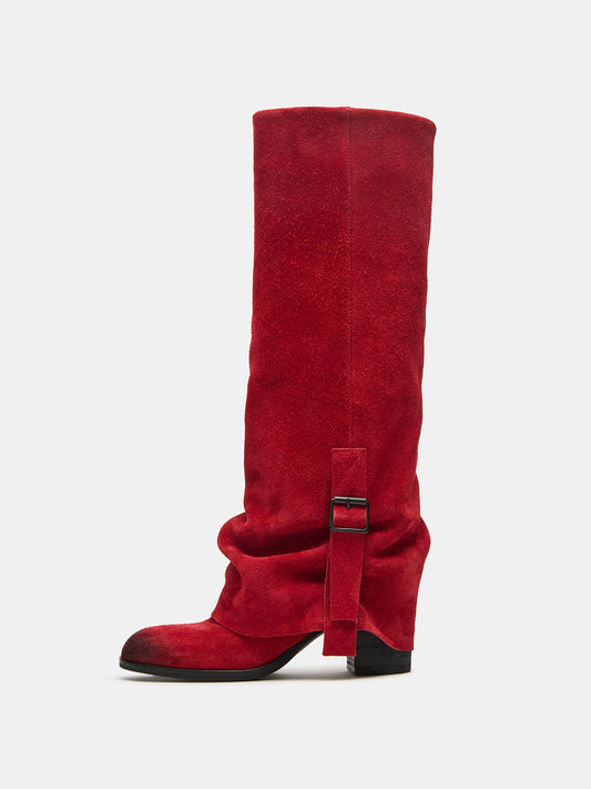 Red Faux Suede Round-Toe Fold-Over Adjustable Buckle Knee High Cowgirl Boots