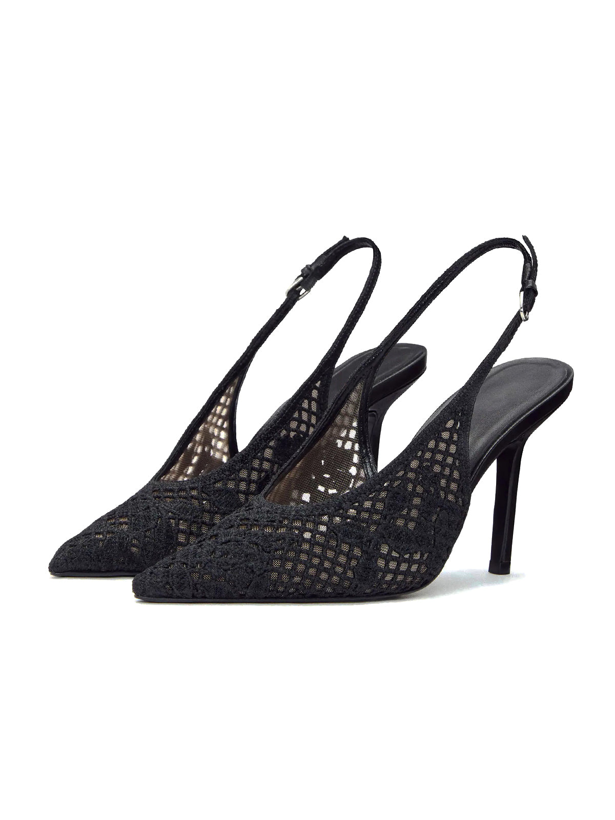 Black Woven And Mesh Pointed-Toe Buckle Back Strap High Heels
