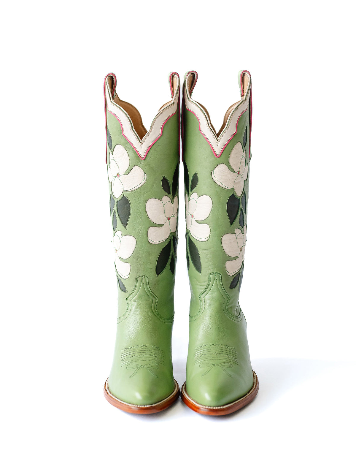 Green Almond-Toe White Flower Inlay Wide Calf Knee High Cowgirl Boots