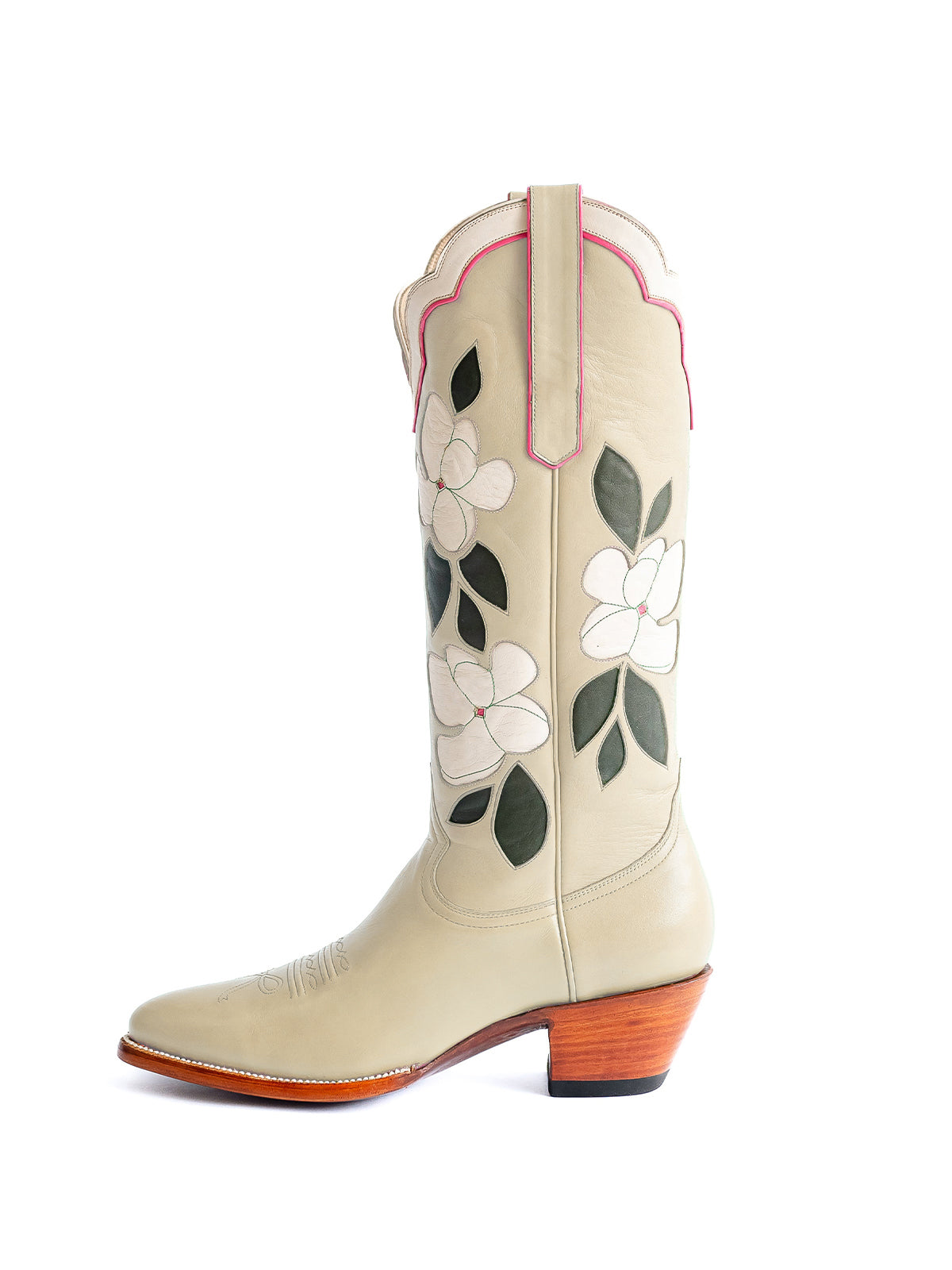 Cream Almond-Toe White Flower Inlay Wide Calf Knee High Cowgirl Boots