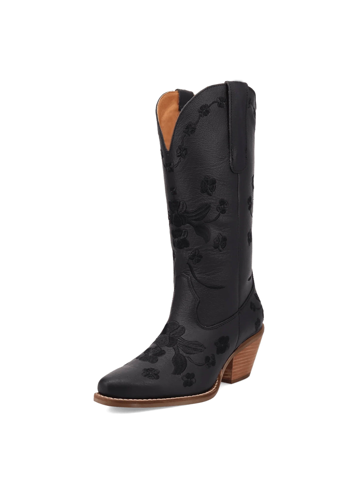 Flowers Embroidery Snip-Toe Mid Calf Cowgirl Boots - Black