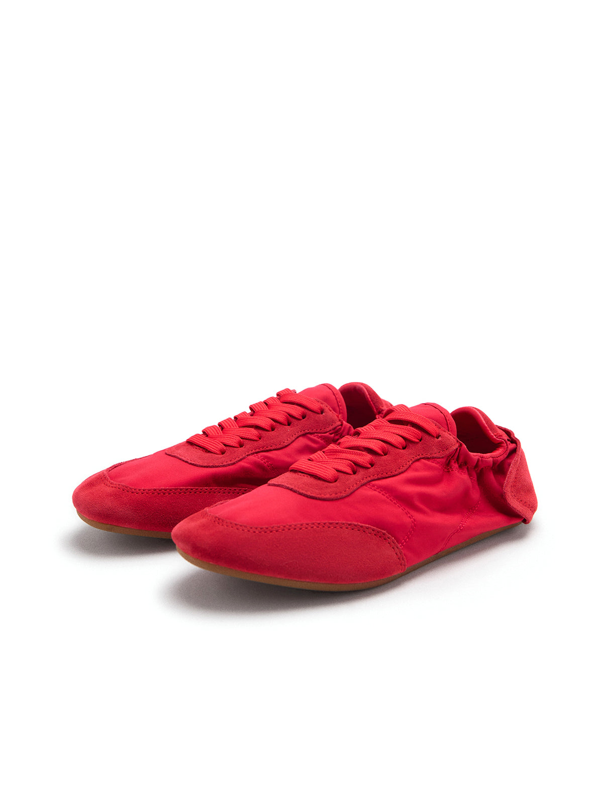 Red Contrast Faux Suede And Cloth Round-Toe Lace-Up Elastic Back Sneakers Flats