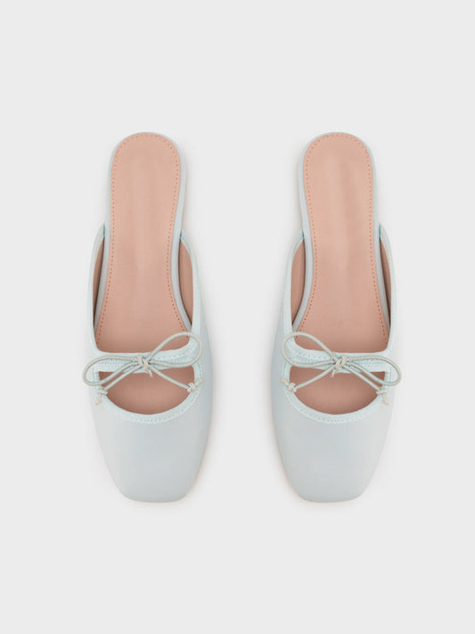 Light Blue Square-Toe Slip-On Bow Mule Flats