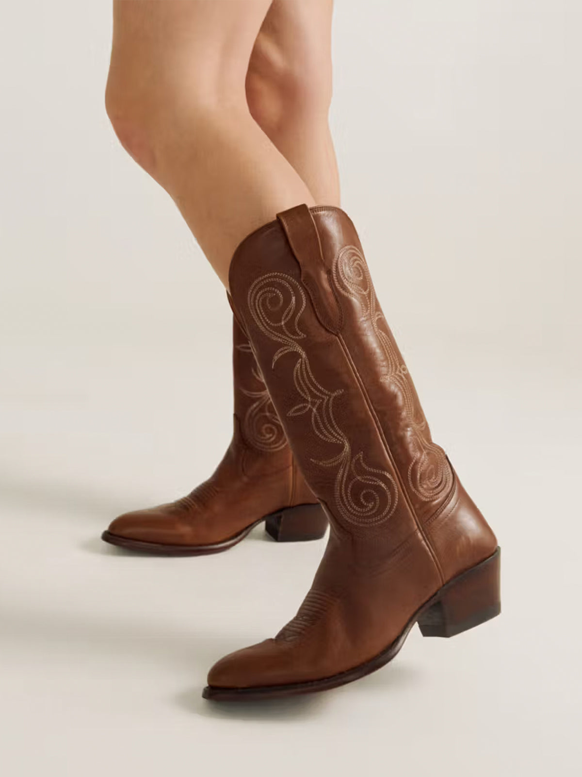 Saddle Round-Toe Knee High Wide Calf Embroidery Cowgirl Boots
