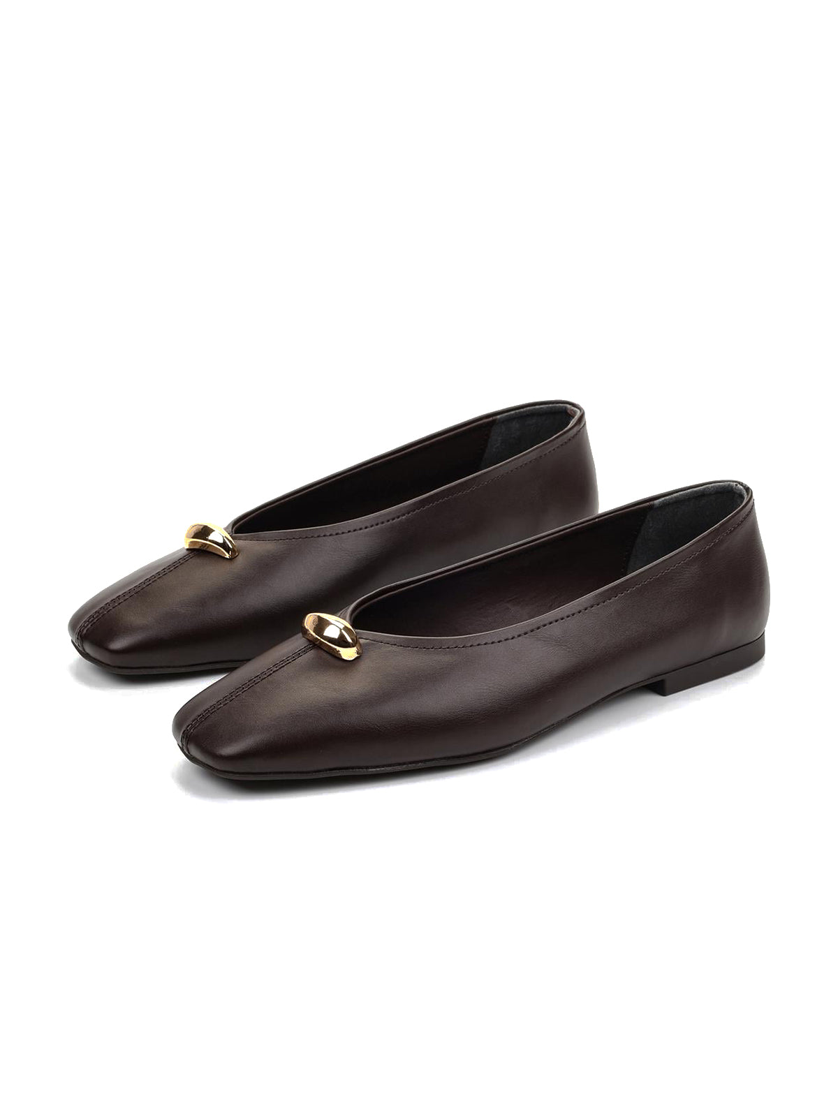 Coffee Square-Toe Front Gold Metal Detail Slip-On Flats