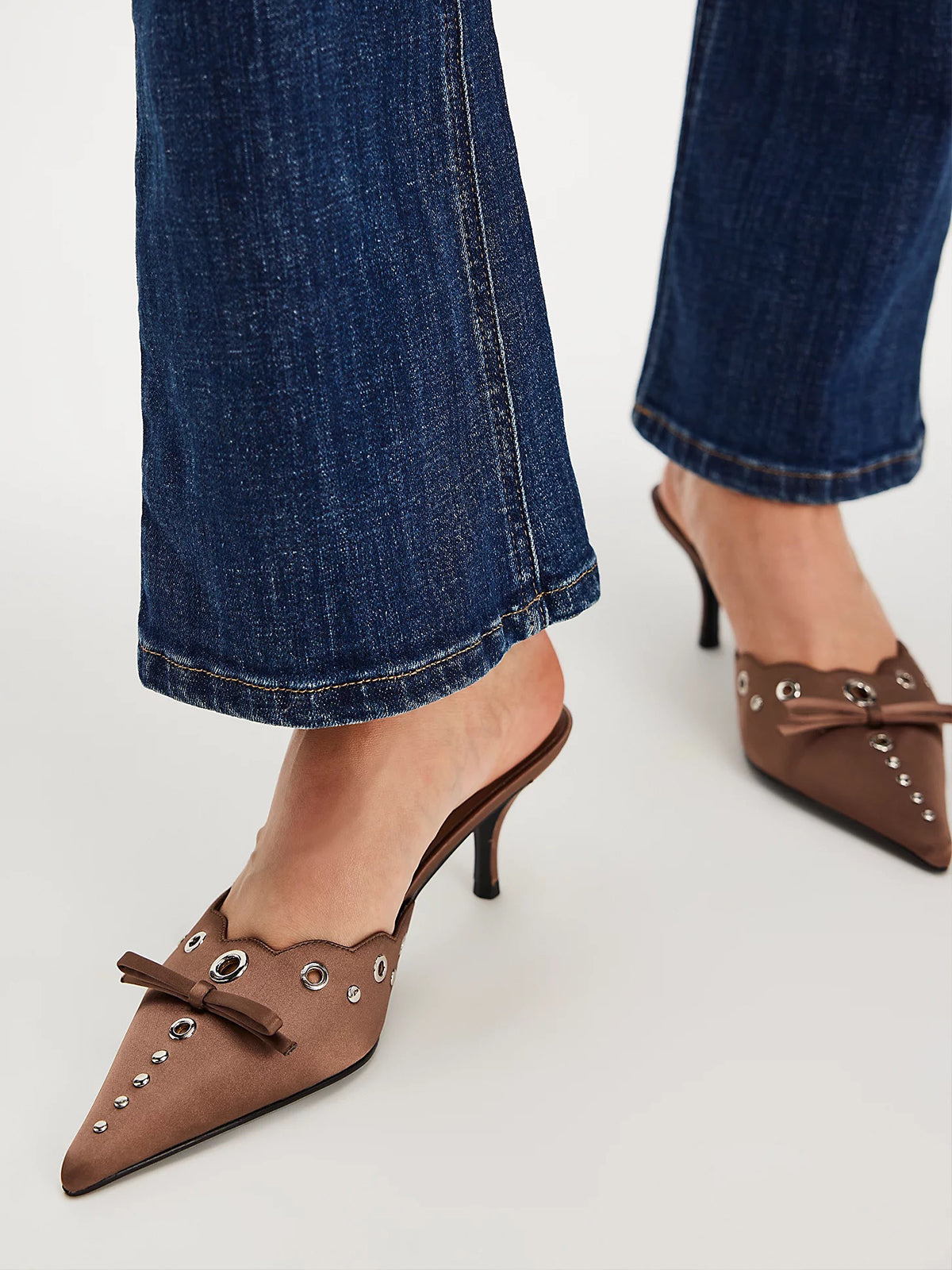 Coffee Satin Pointed-Toe Front Knot And Studs And Eyelets Kitten Heels