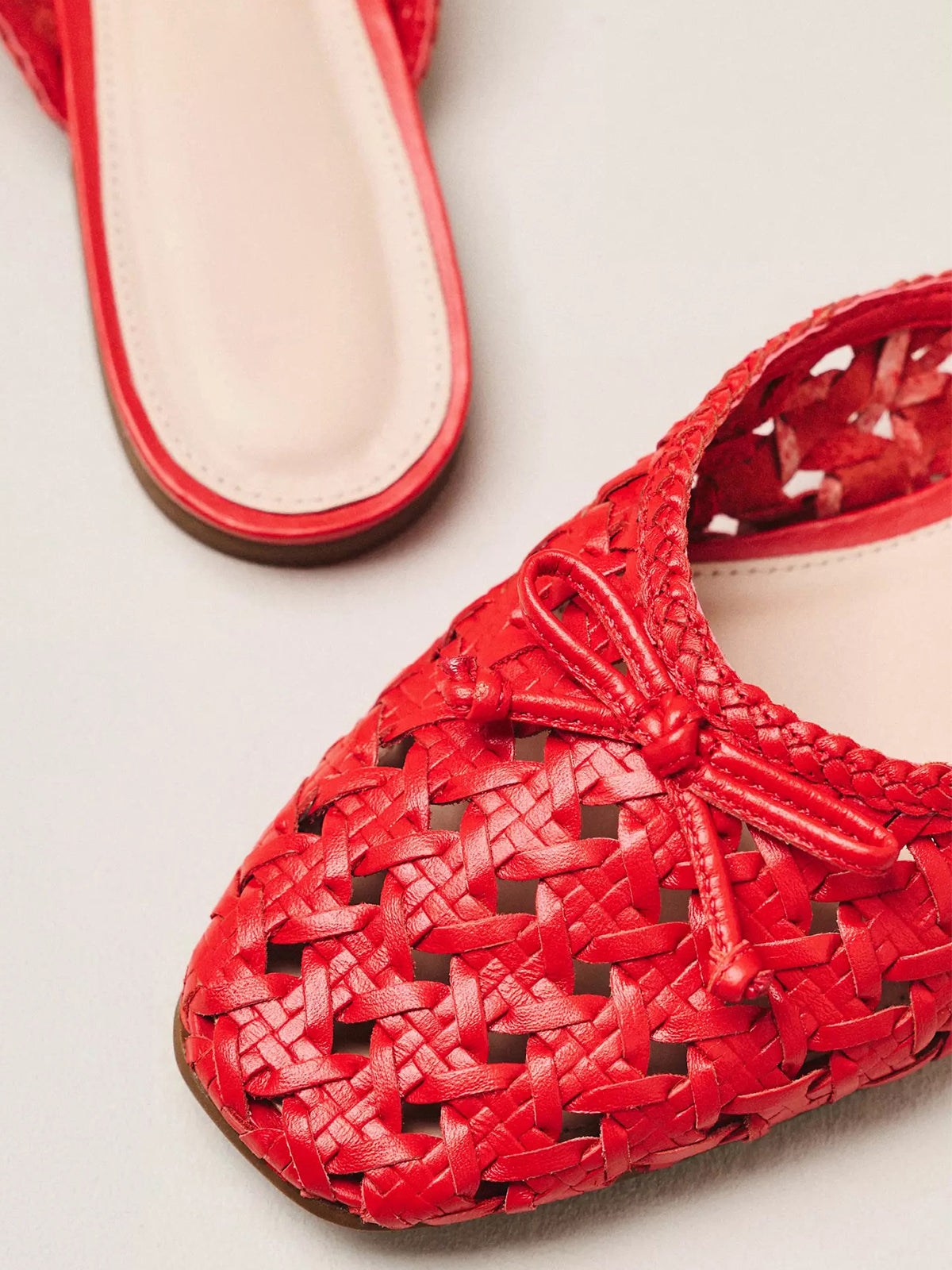 Red Woven Vegan Leather Square-Toe Front Bow Mules Flats