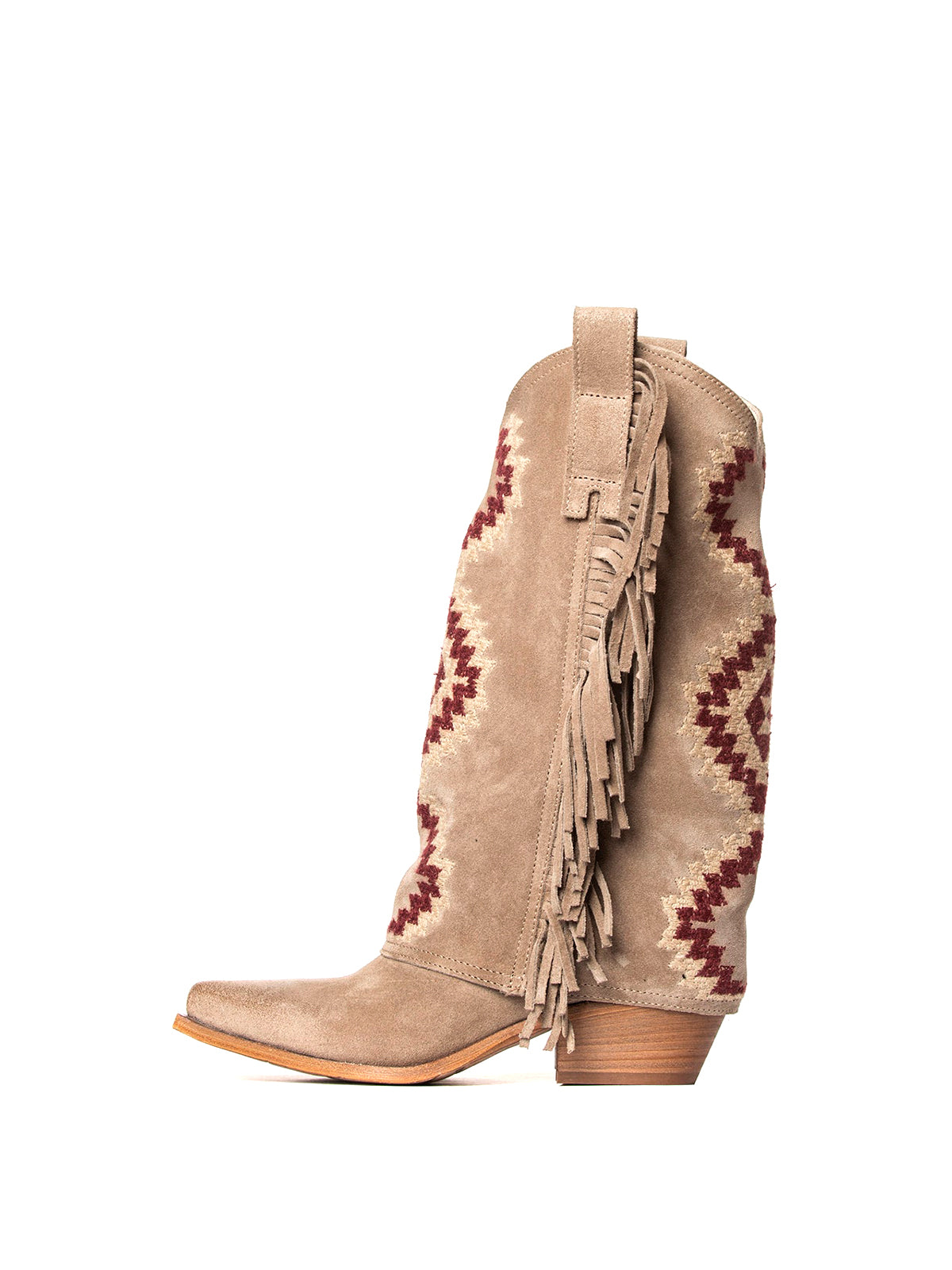 Side Fringe Snip-Toe Embroidery Fold-Over Mid Calf Cowgirl Boots - Sand Faux Suede