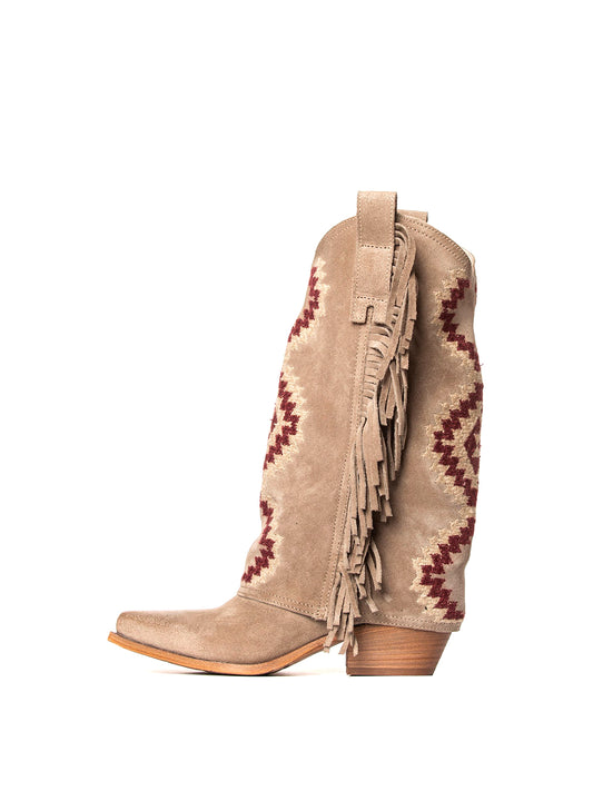 Side Fringe Snip-Toe Embroidery Fold-Over Mid Calf Cowgirl Boots - Sand Faux Suede