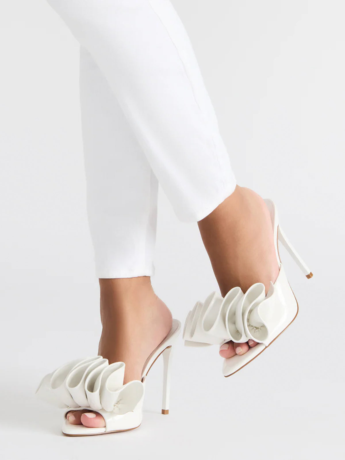 Pointed-Toe Slip-On Ruffle High Heels - Patent White