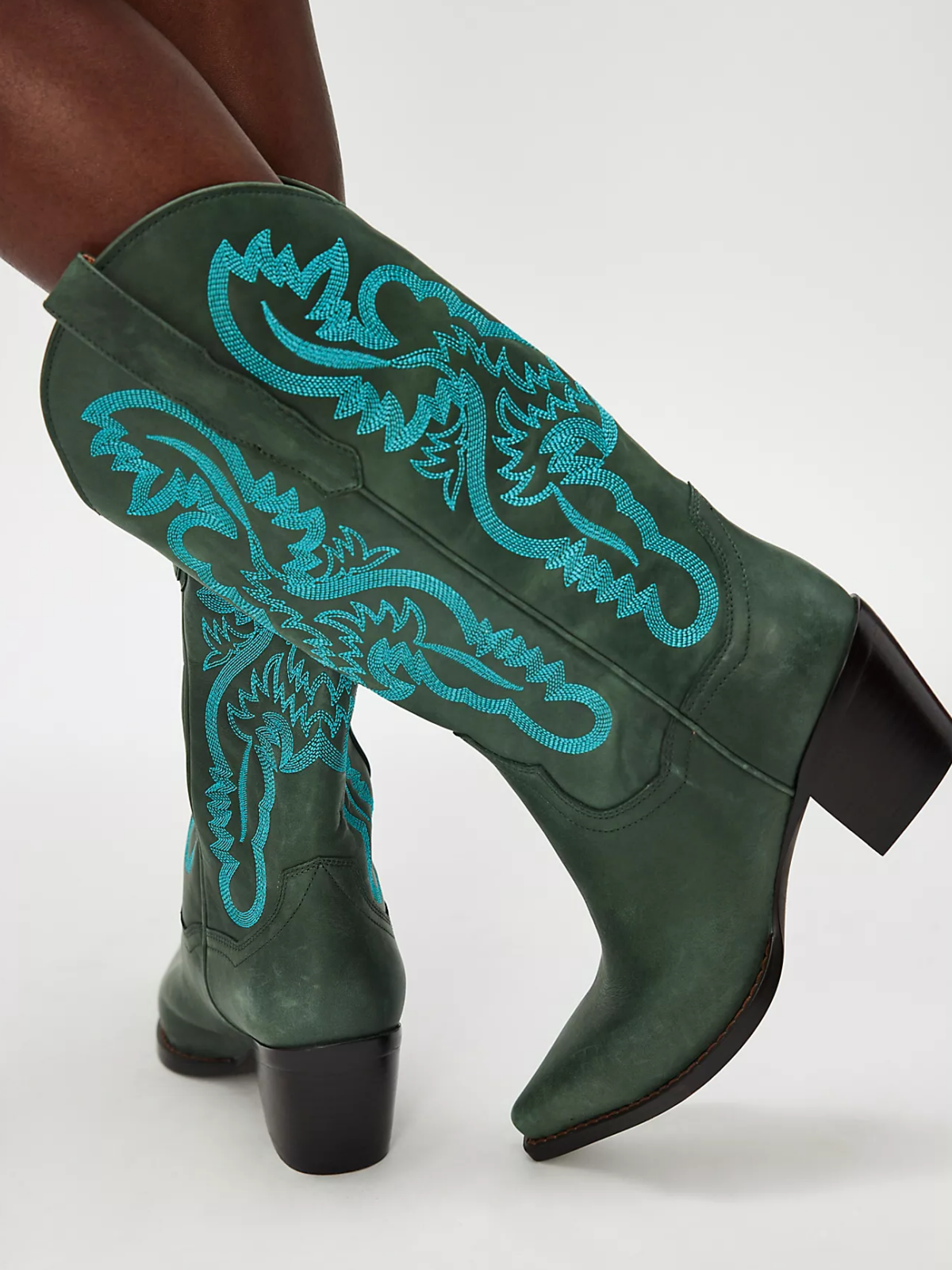 Dark Green Snip-Toe Turquoise Embroidery Wide Mid Calf Tall Cowgirl Boots