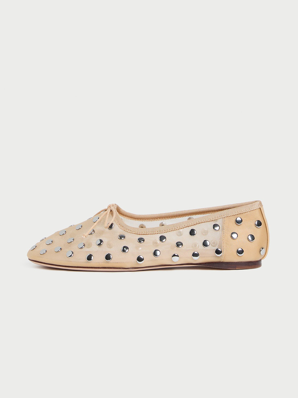Caramel Mesh Round-Toe Front Bow Ballet Flats With Studs