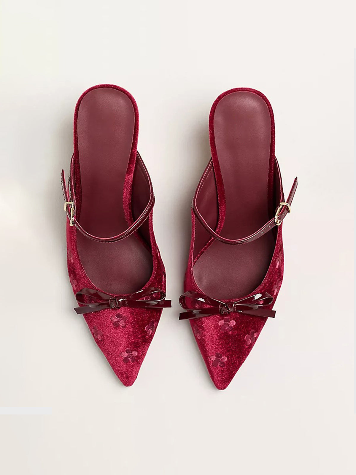 Red Velvet Pointed-Toe Flower Embroidery Patent Bridge Strap Kitten Heels With Bow