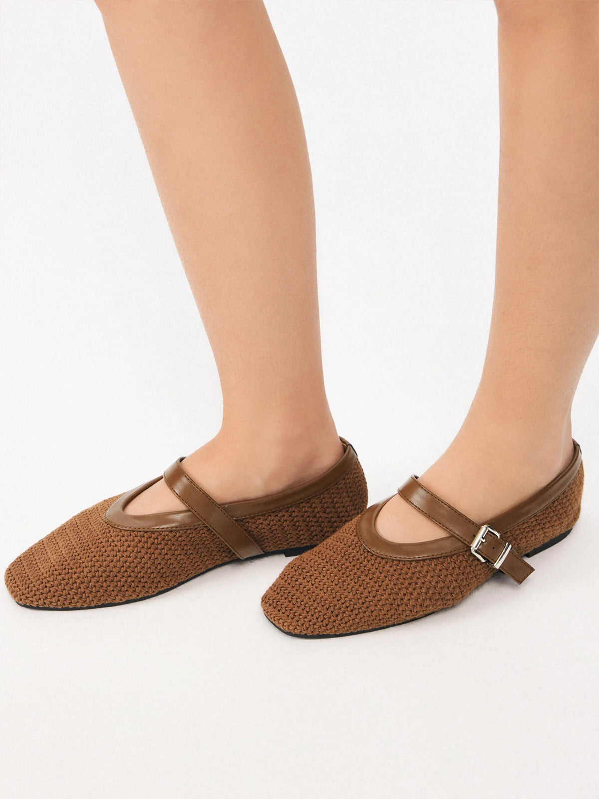 Brown Woven Square-Toe Classic Mary Jane Flats